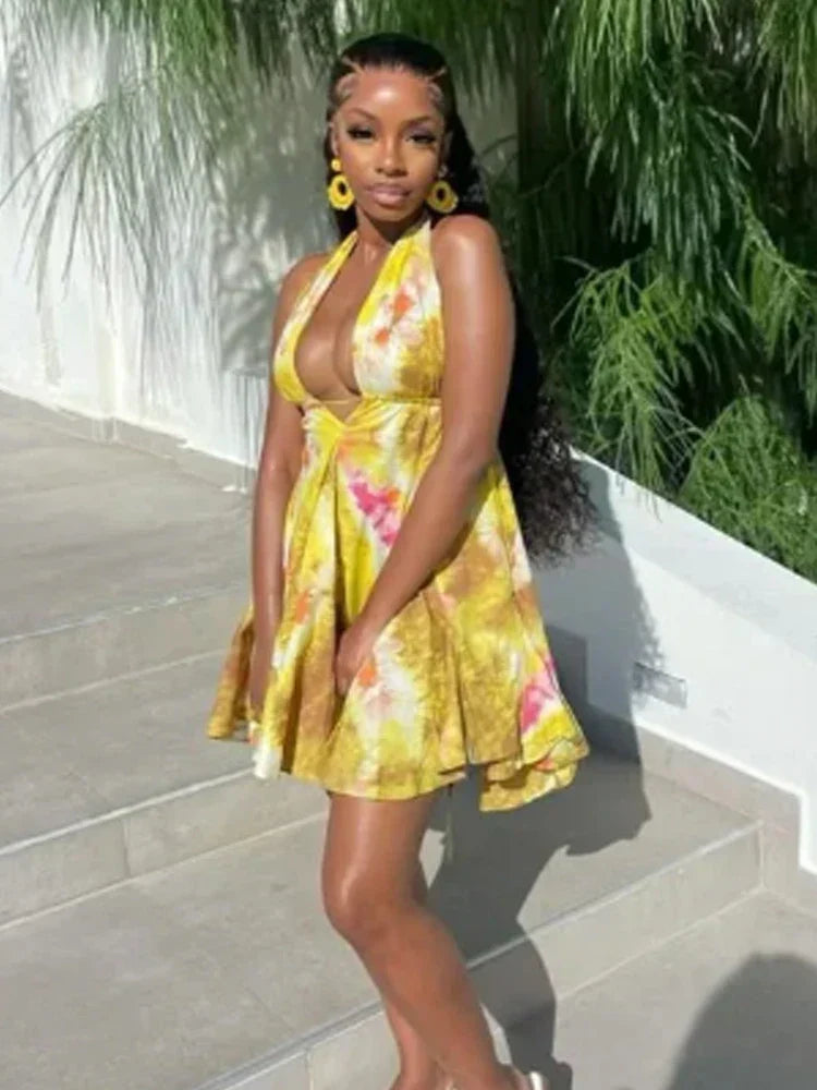 Halter Tie Dye Ruffle Hem Bandage Mini Dress - View 2