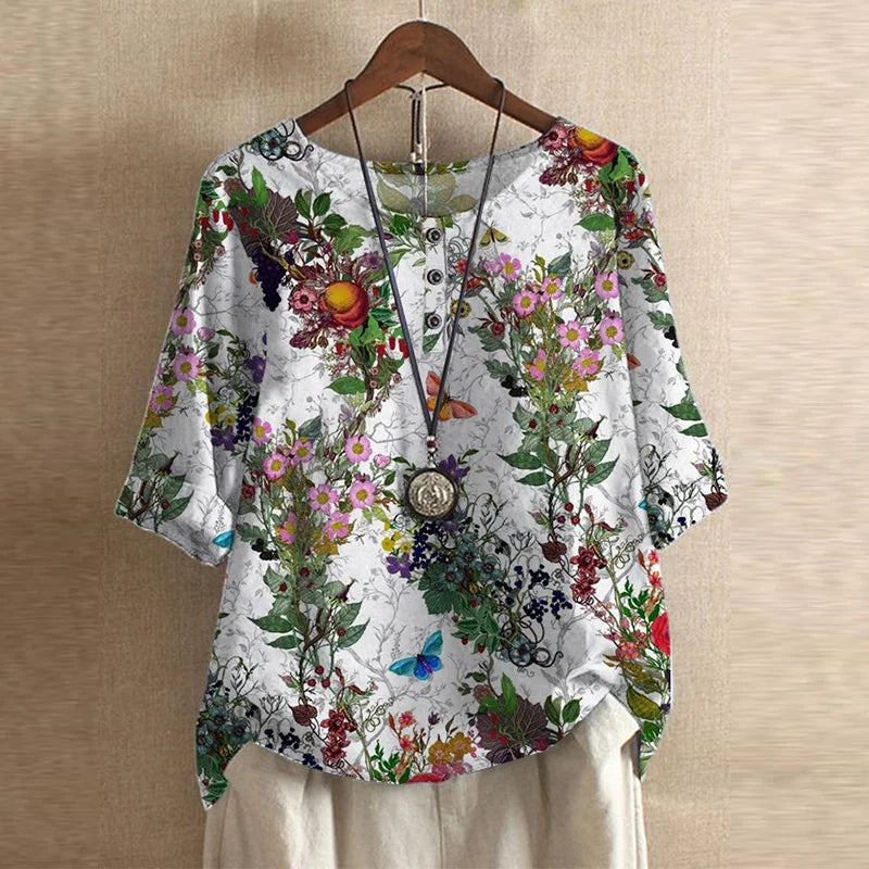 Floral Embroidered Round Neck Roll Tab Sleeve Tunic Top 13