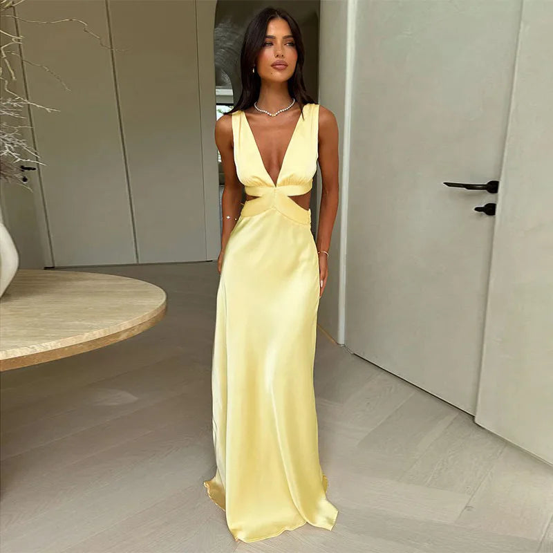 Satin Deep V-Neck Side Cut Out Waist Maxi Party Dress - View 4