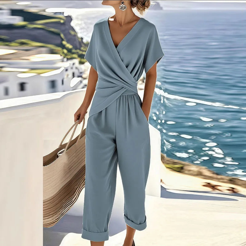 Wrap V-Neck Short Sleeve Twist Front Cropped Jumpsuit 2