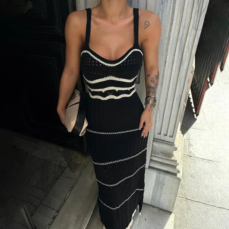 Knit Spaghetti Strap Cut Out High Split Bodycon Maxi Dress - View 6