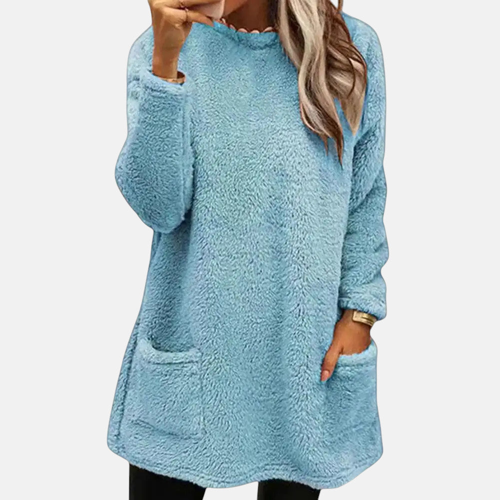 Round Neck Long Sleeve Pocket Fleece Tunic Top 4