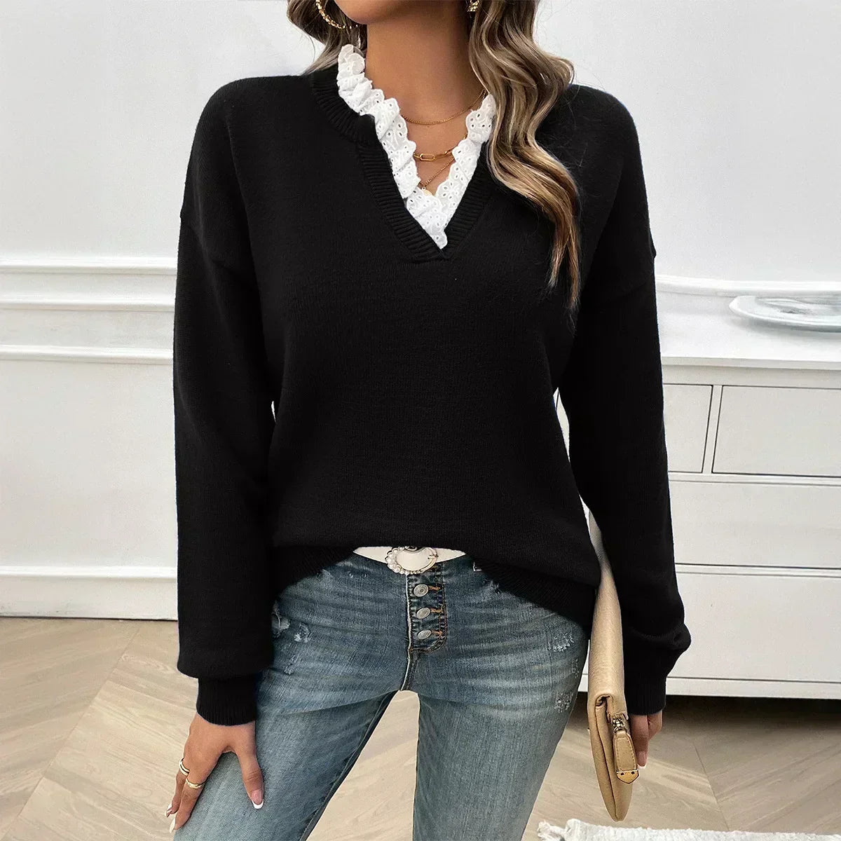 Lace Trim V-Neck Long Sleeve Knit Sweater 8