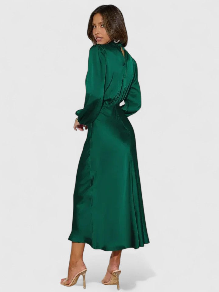 Satin High Neck Long Sleeve Blouson Midi Dress 3