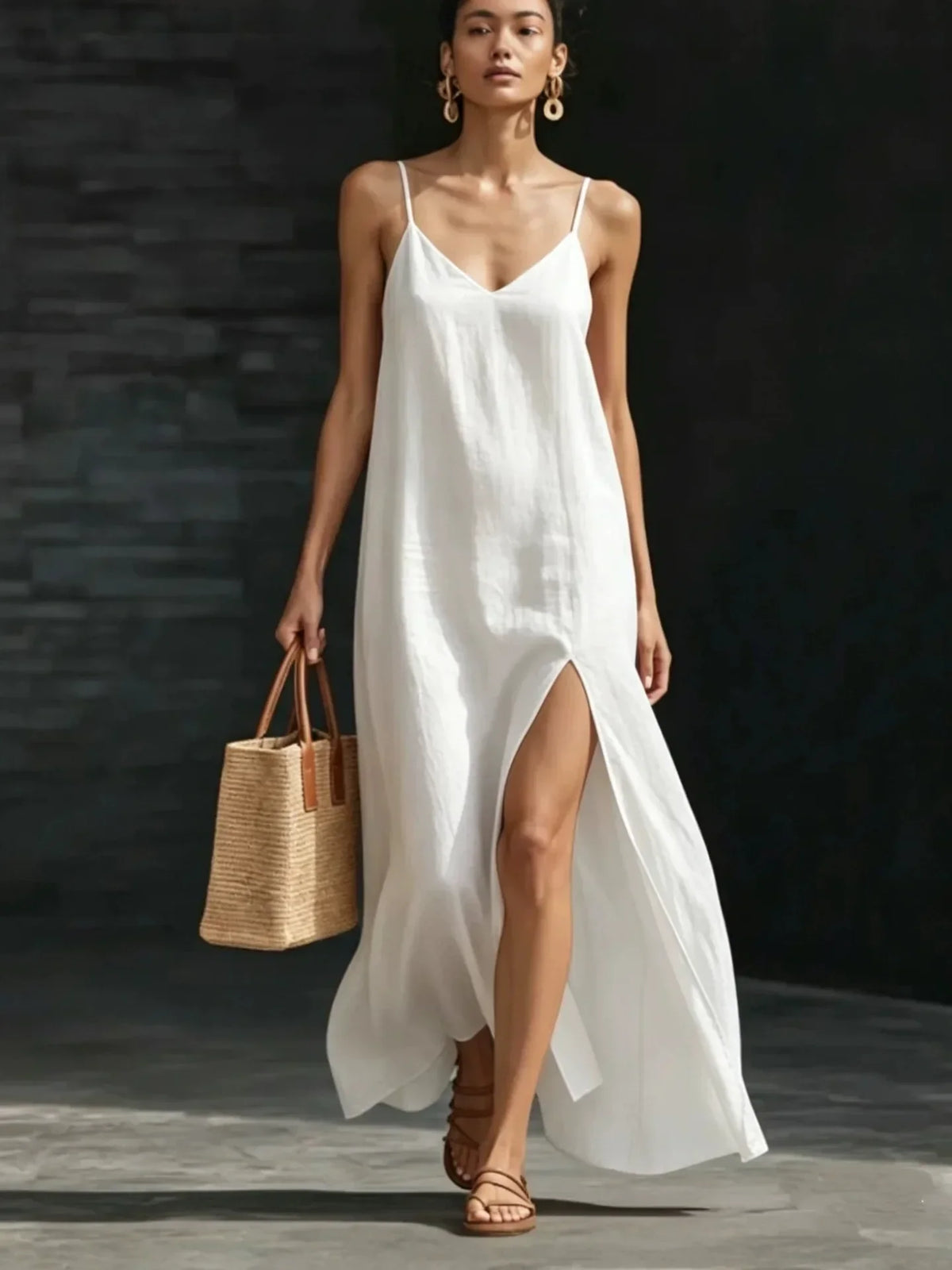 V-Neck Spaghetti Strap High Split Linen Look Maxi Dress 7