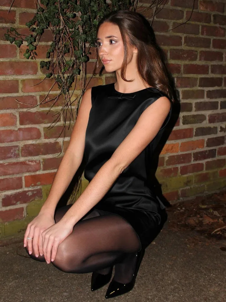 Satin Deep V-Back Bow Detail Wide Strap Shift Cocktail Mini Dress - View 2