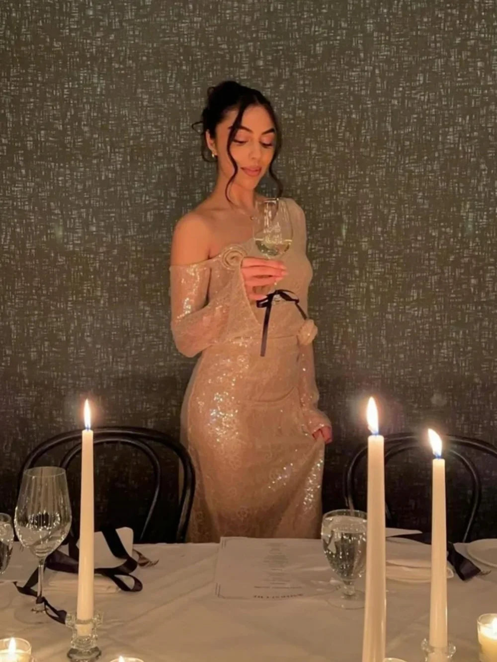 Sequin One Shoulder Long Sleeve 3D Floral Bodycon Maxi Dress - View 7