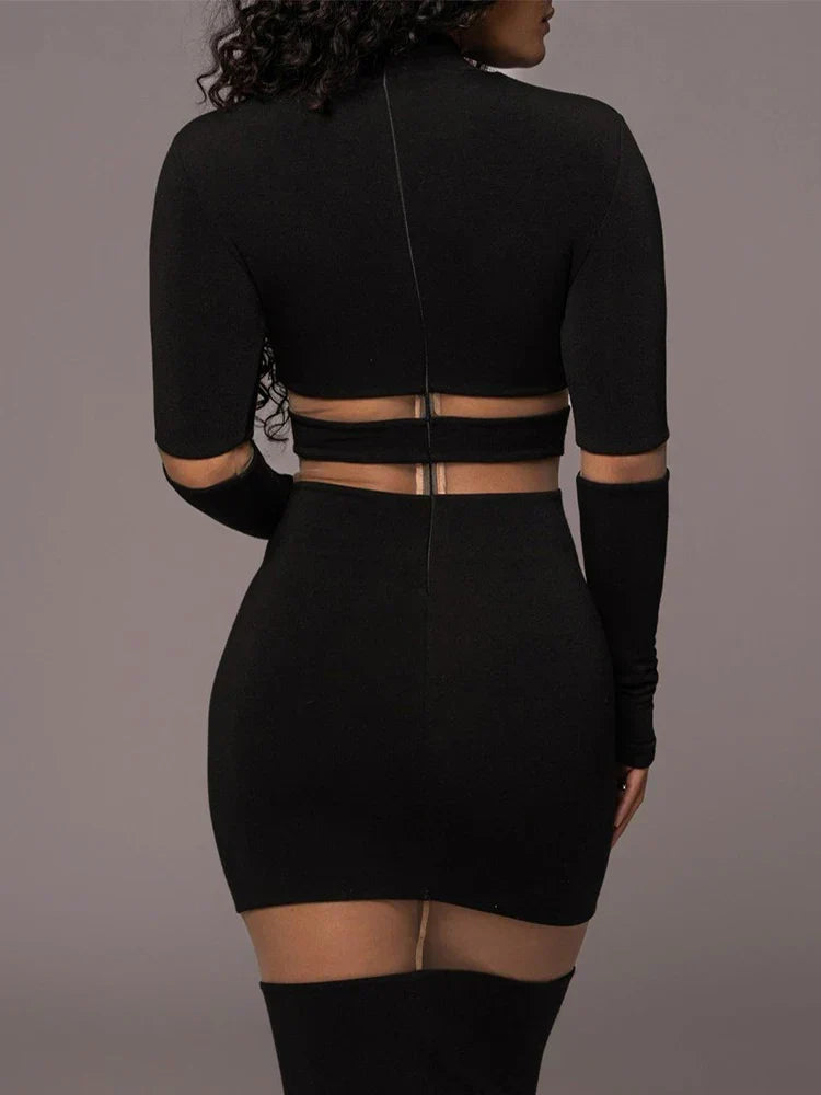Mesh Panel Mock Neck Elbow Cut Out Long Sleeve Bodycon Midi Dress - View 3