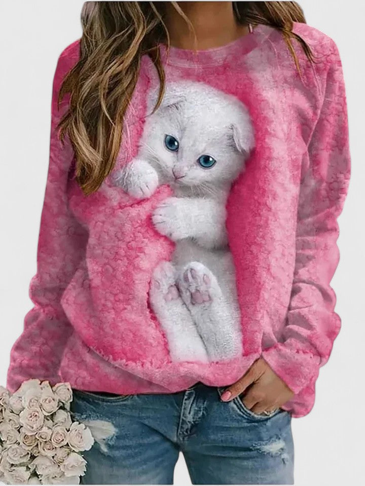 Cat Print Crew Neck Long Sleeve Sweatshirt 4