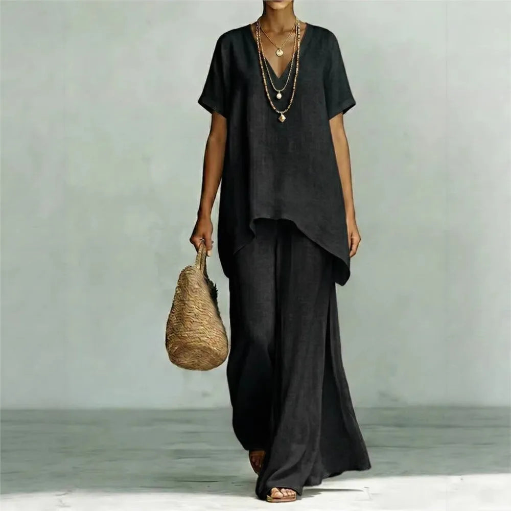 V-Neck Short Sleeve High Low Top and Wide Leg Pants Two Piece Set 3