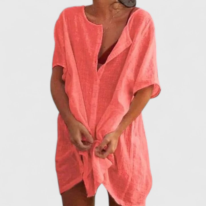 Button Front Short Sleeve Linen Look Shirt Dress 5