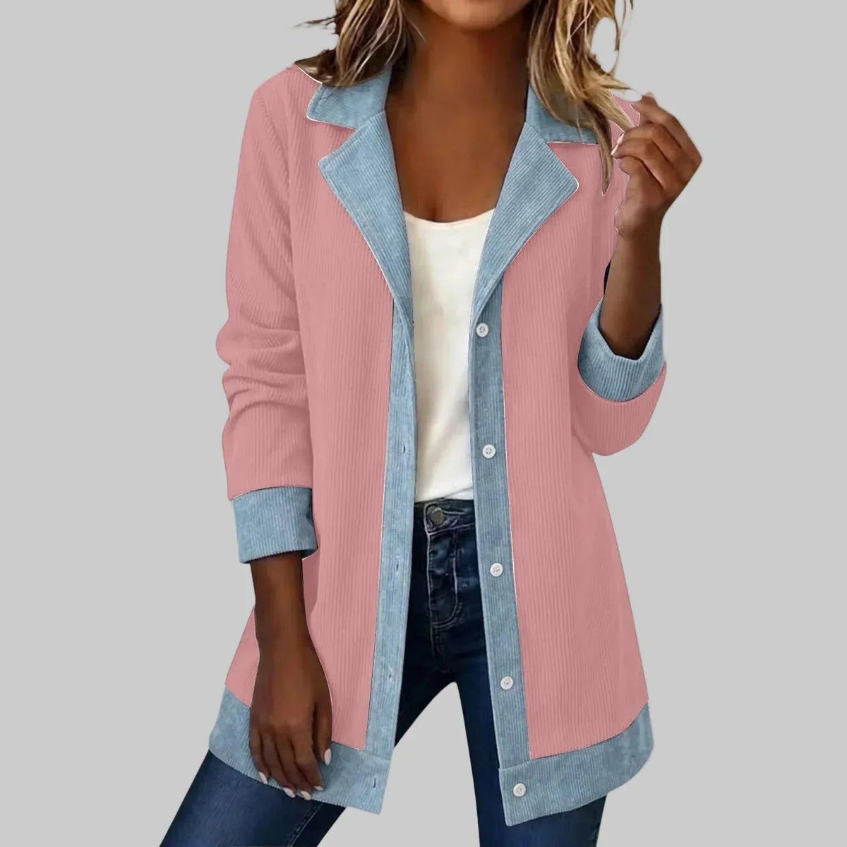 Contrast Trim Lapel Button Front Corduroy Shacket