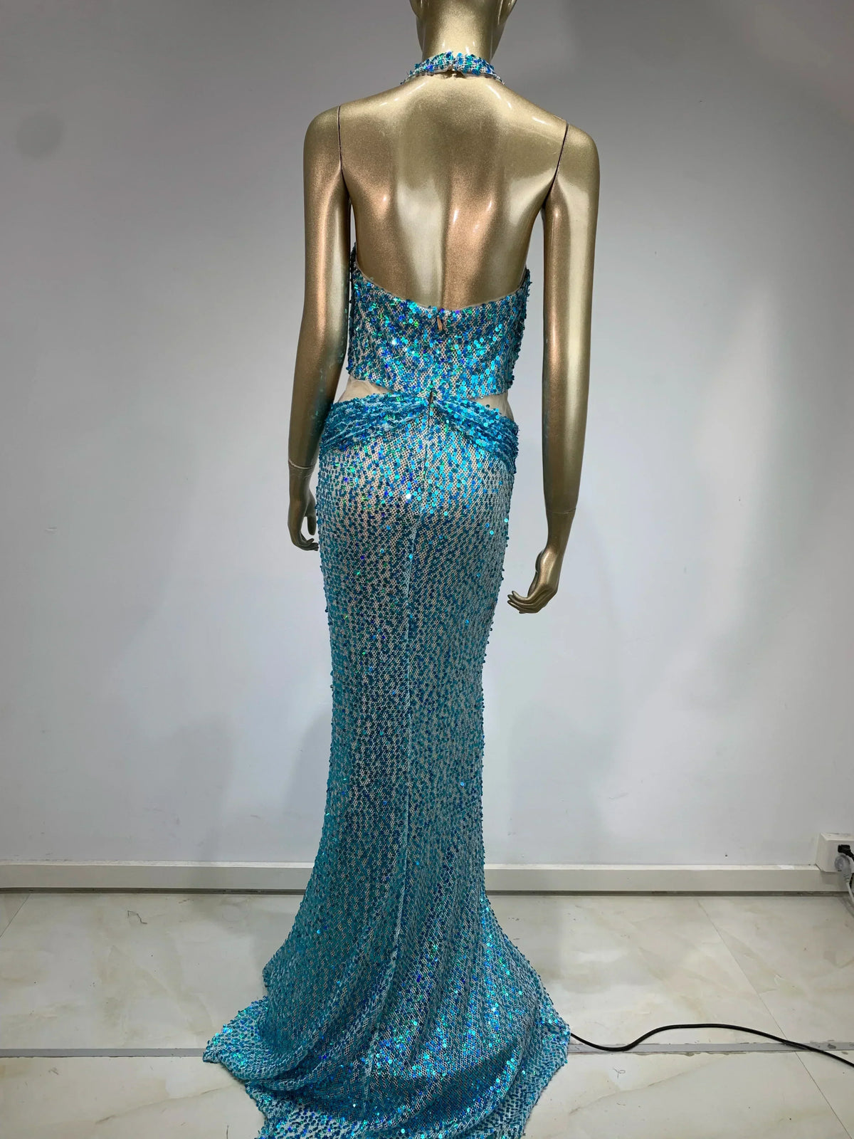 Sequin Halter Neck Deep V-Neck Cut Out Sheer Mermaid Gown - View 3