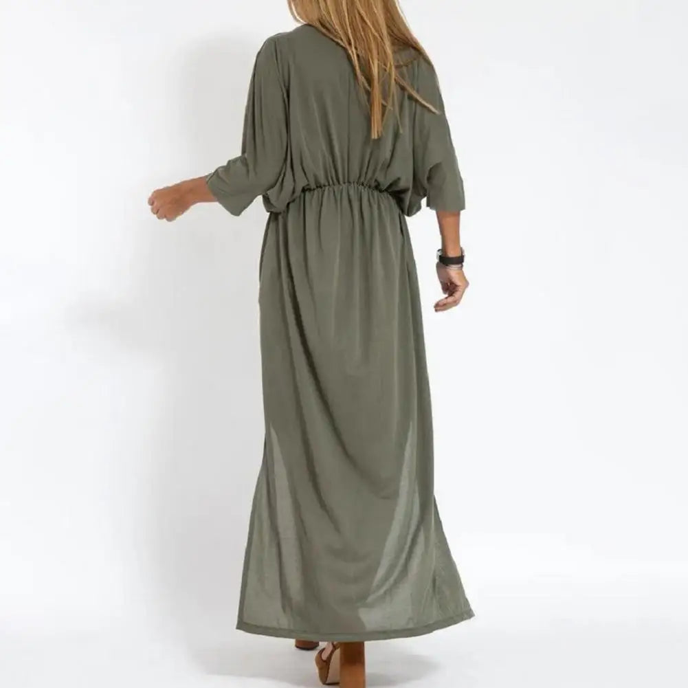 V-Neck Batwing Sleeve Elastic Waist Pocket Maxi Dress 2