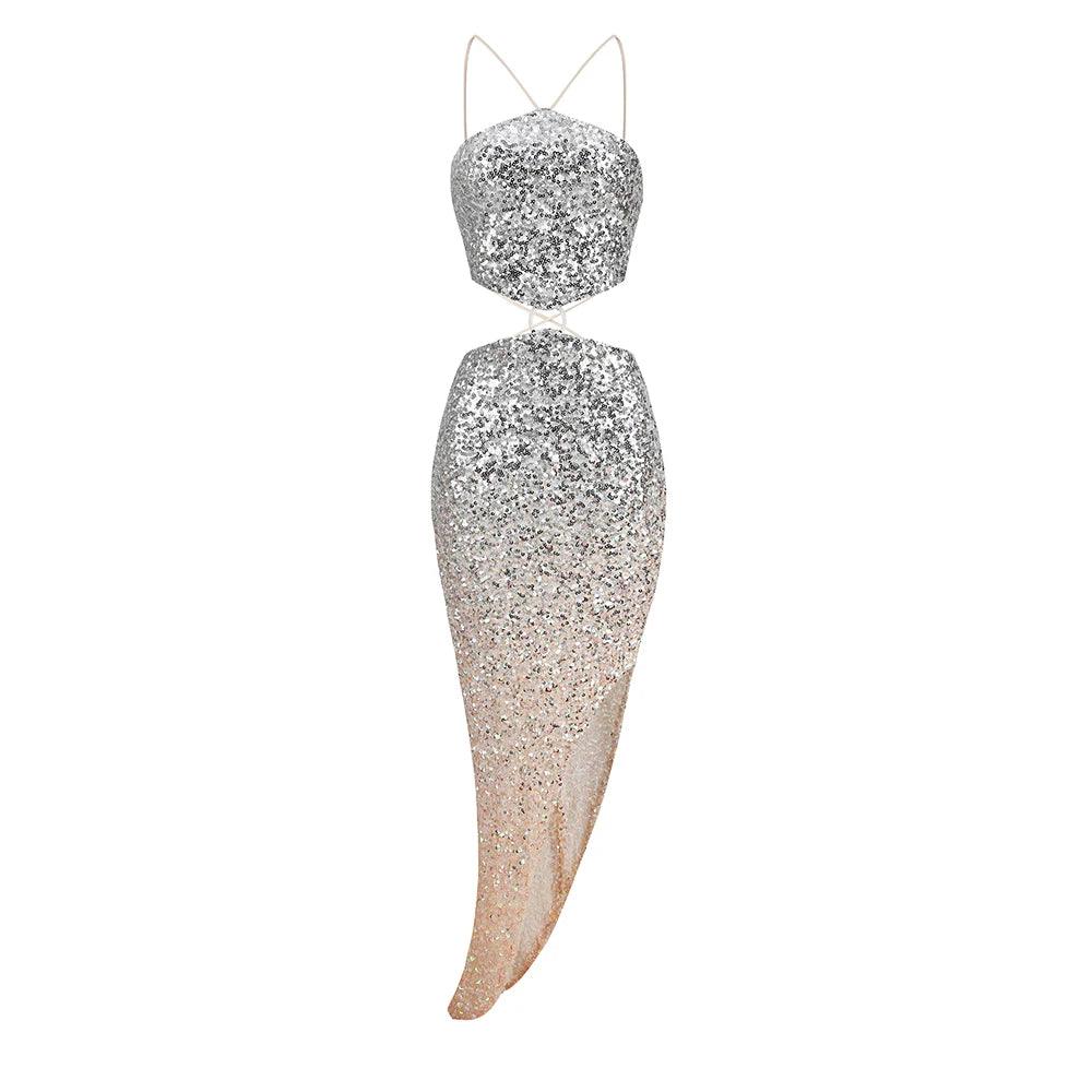 Sequin Halter Neck Cut Out High Split Bodycon Maxi Dress - View 4