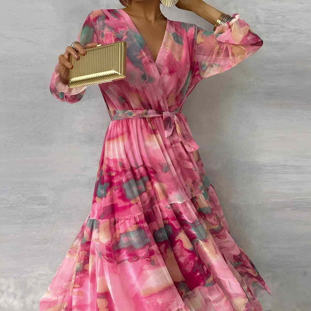 Floral Chiffon V-Neck Long Sleeve Tiered Maxi Dress 4