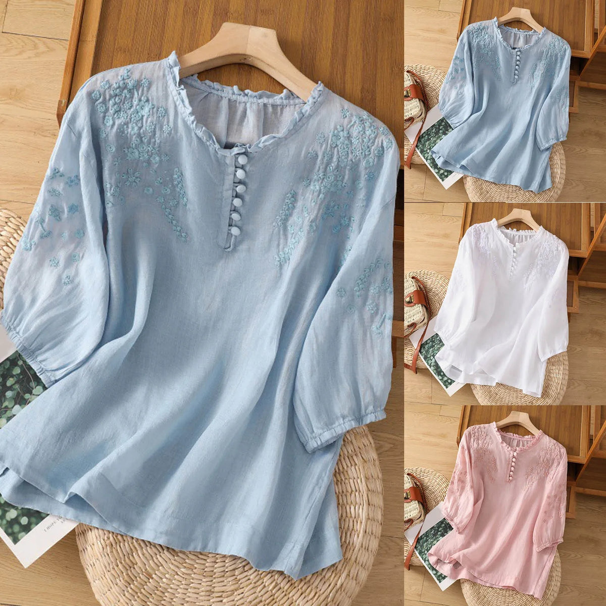 Embroidered Button Placket Puff Sleeve Blouse 6