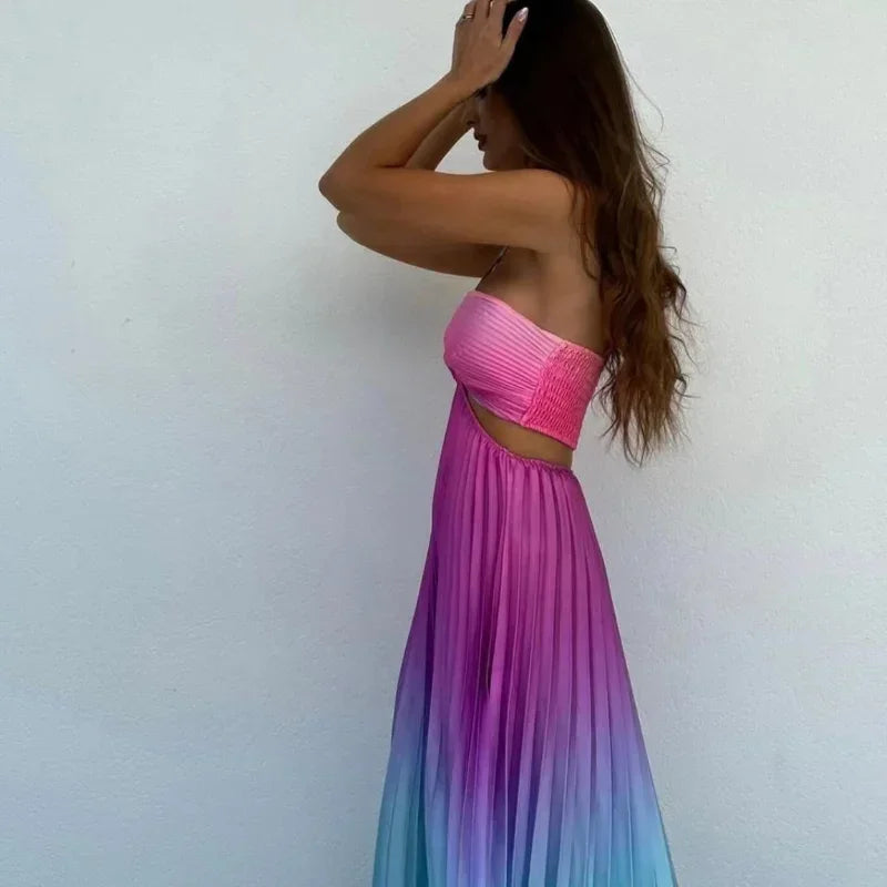 Satin Gradient Pleated Sleeveless Maxi Dress - View 10
