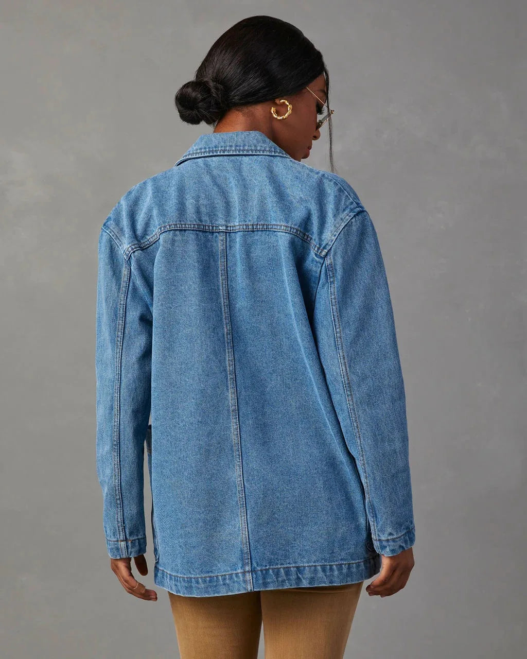 Notched Lapel Button Front Oversized Denim Jacket 4