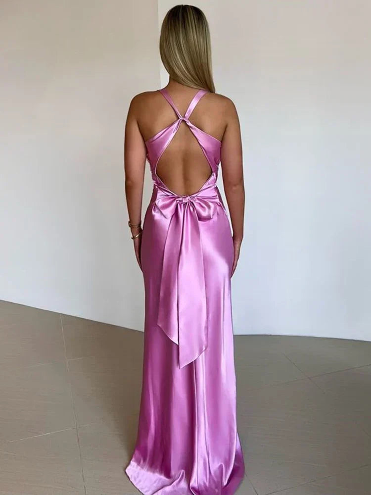 Satin V - neck Back Strappy Bow Maxi Dress - View 5