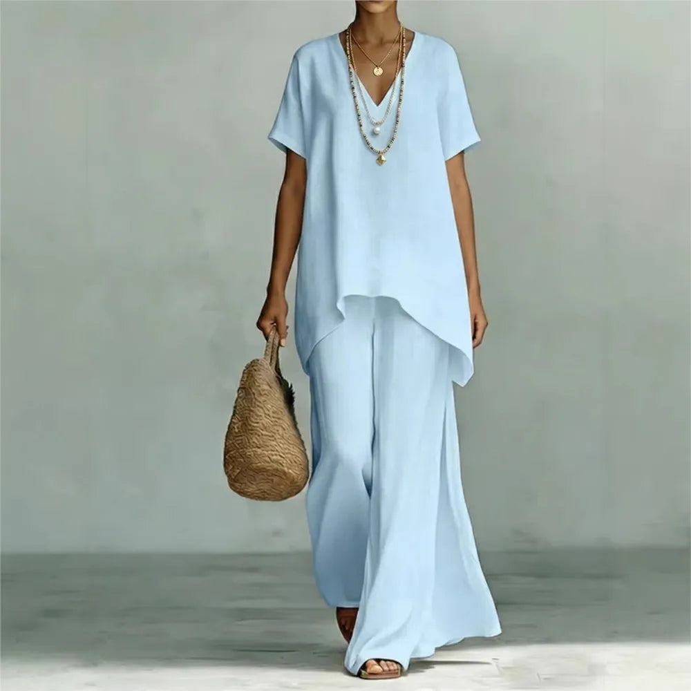 V-Neck Short Sleeve High Low Top and Wide Leg Pants Two Piece Set