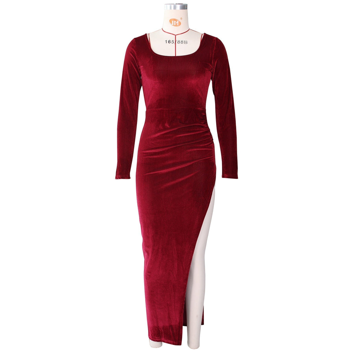 Velvet Square Neck Long Sleeve Ruched High Split Bodycon Maxi Dress 32