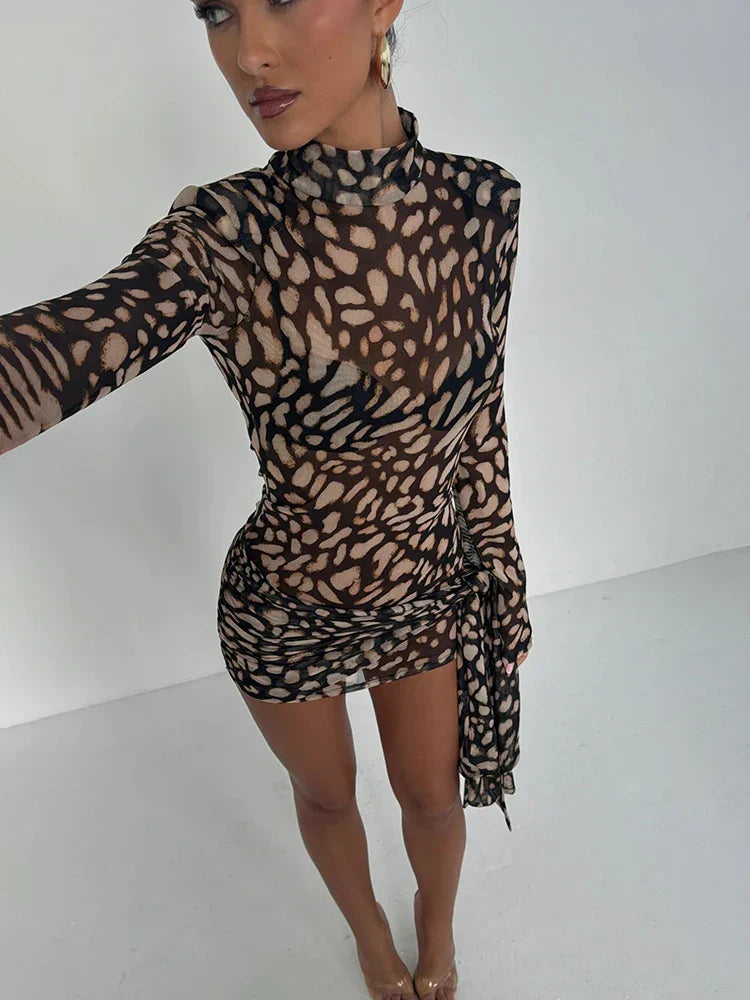 Leopard Sheer Bandage Long Sleeve Mini Dress - View 3