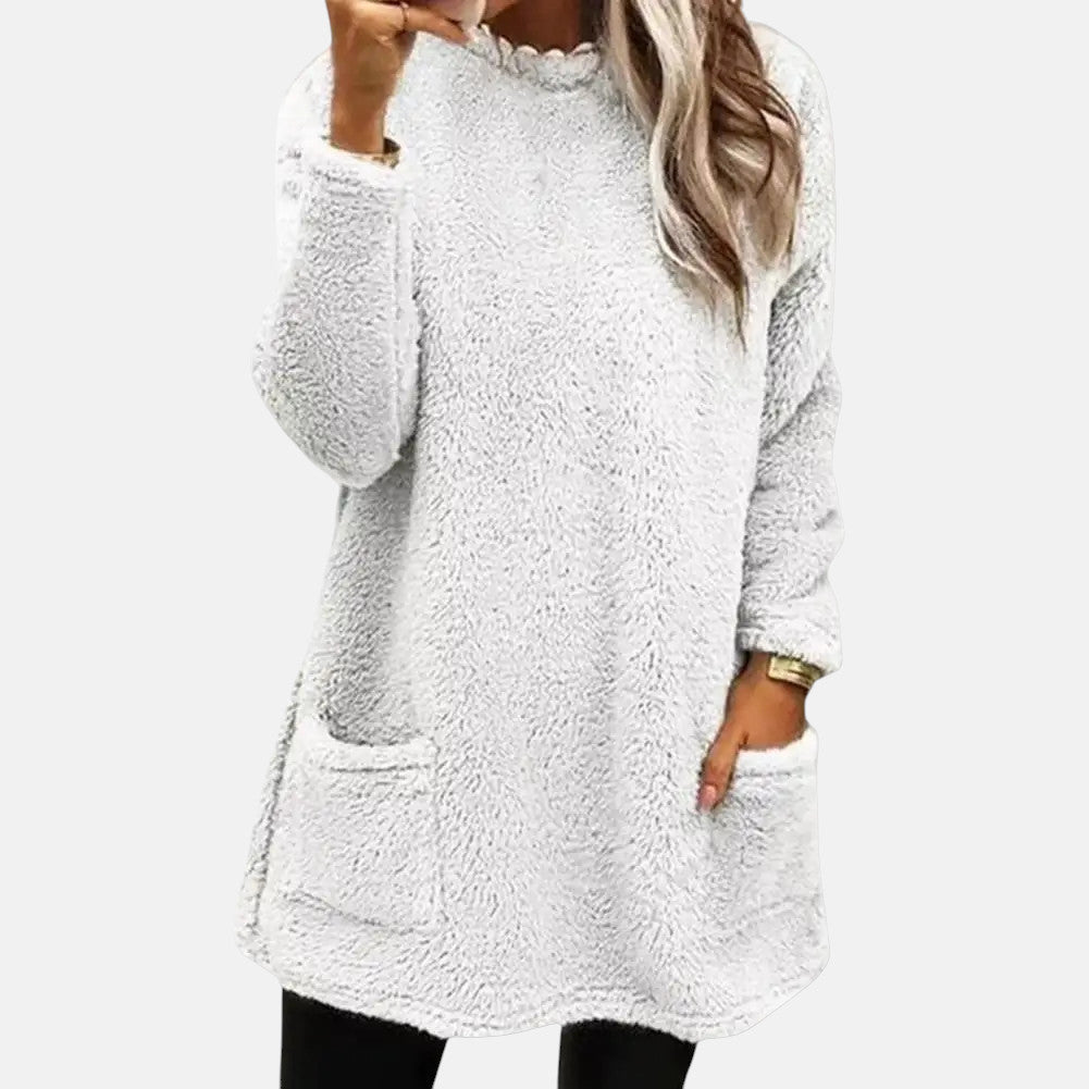 Round Neck Long Sleeve Pocket Fleece Tunic Top 6