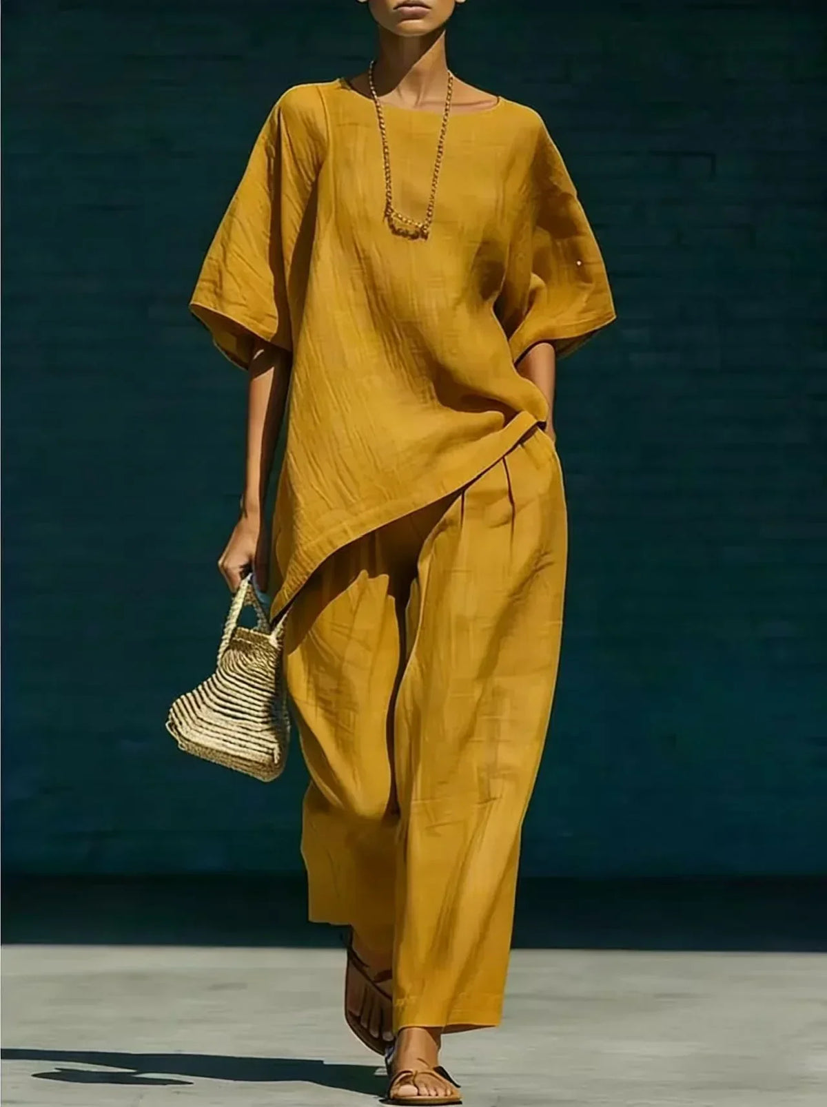 Boat Neck Short Sleeve Top and Wide Leg Pants Two Piece Set 4