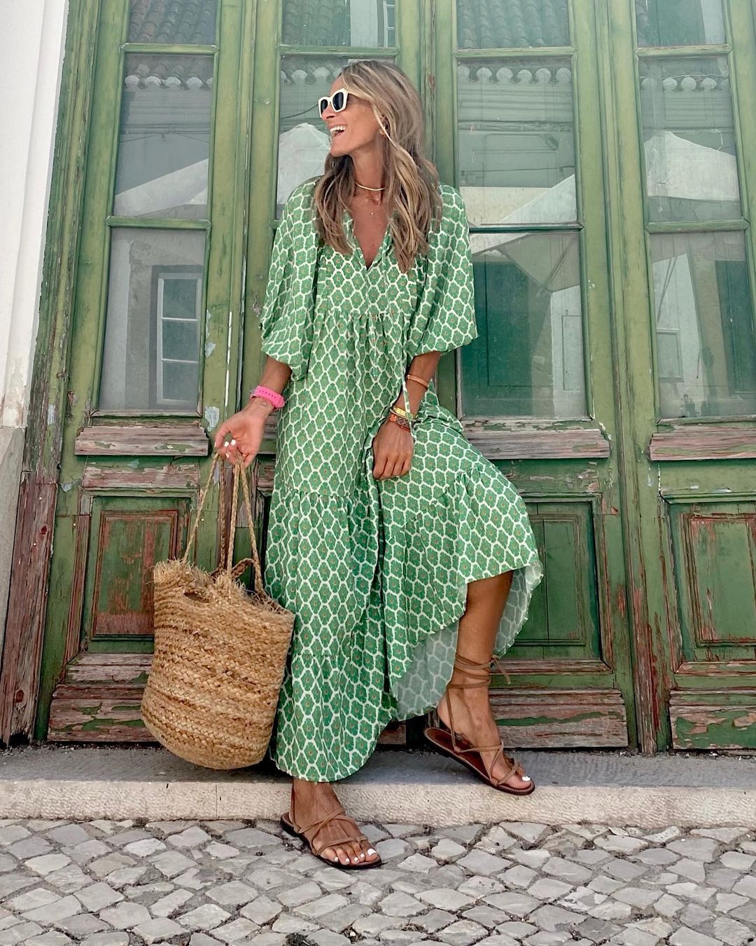 Geometric Print V-Neck Puff Sleeve Tiered High Low Maxi Dress 6