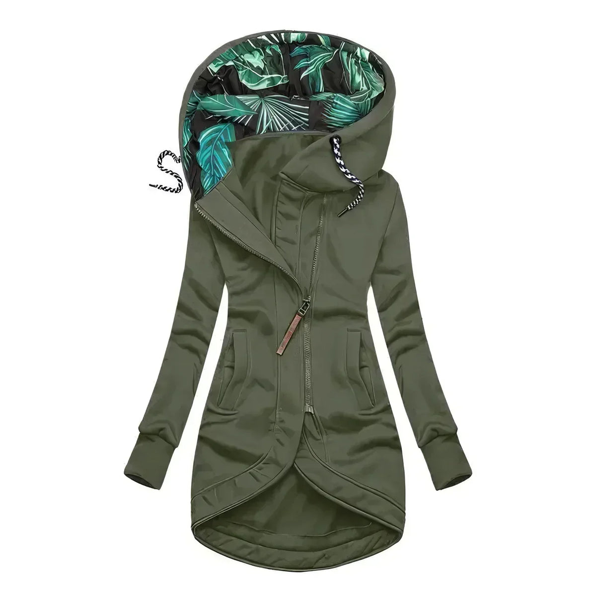 Hooded Zip Front Drawstring High Low Longline Jacket 5