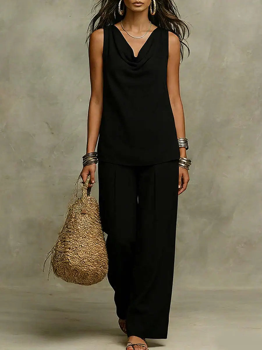 Cowl Neck Sleeveless Top and Wide Leg Pants Two Piece Set 5