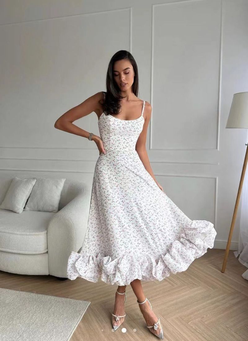 Spaghetti Strap Scoop Neck Tiered Ruffle A-Line Midi Dress - View 6