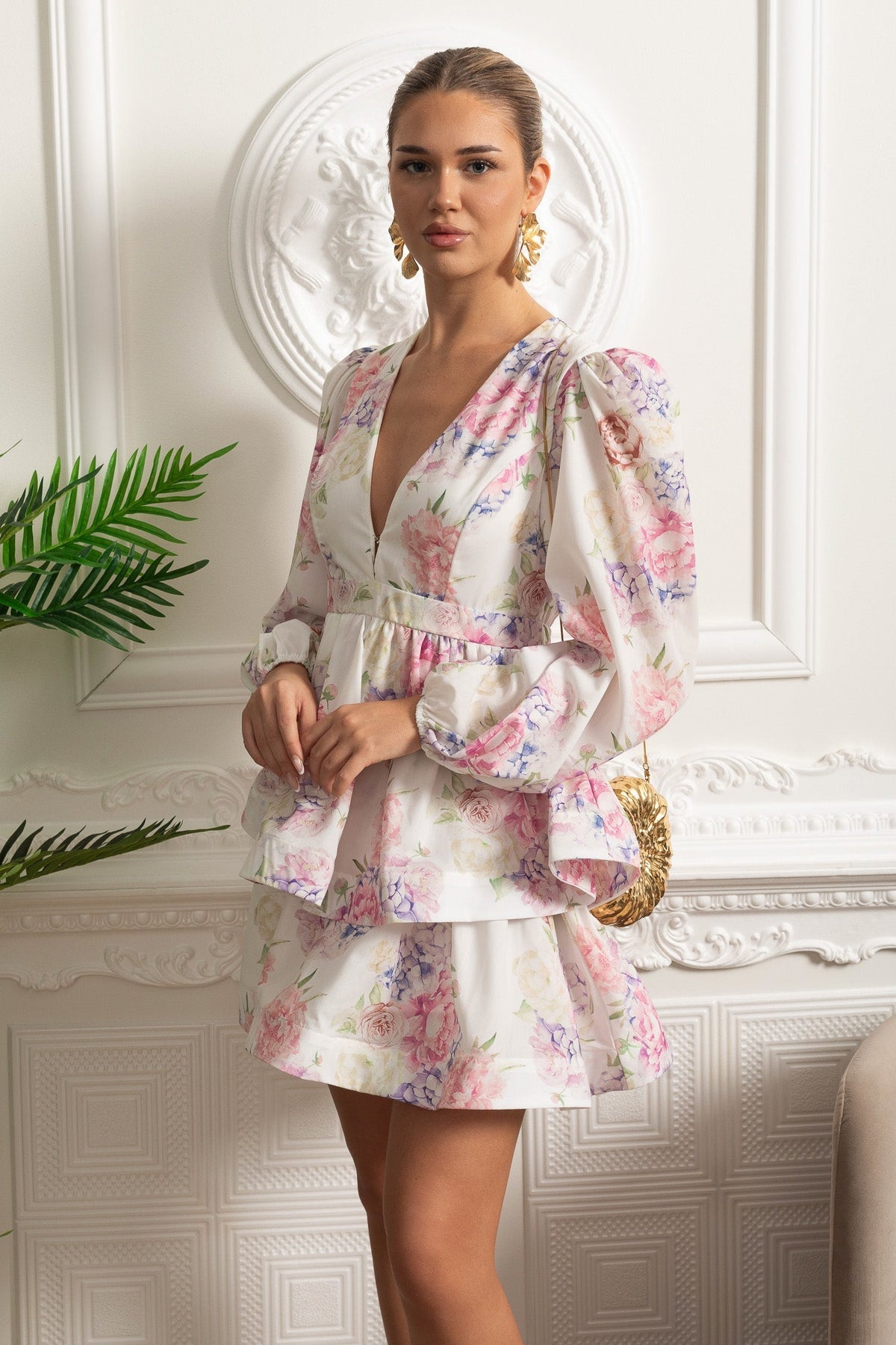 Floral Romantic Mini Dress With Voluminous Sleeves And Peplum Detail - White/Pink - View 8