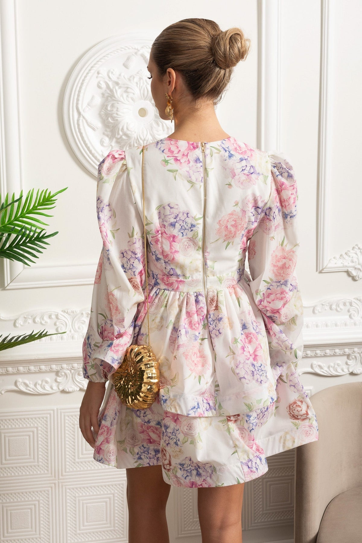 Floral Romantic Mini Dress With Voluminous Sleeves And Peplum Detail - White/Pink - View 9