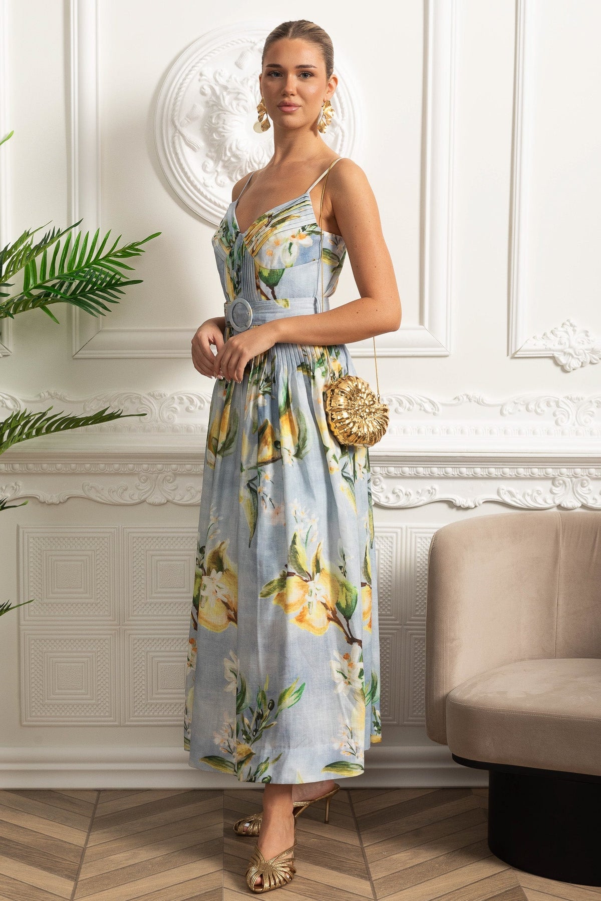 Lemon Print V-Neck Spaghetti Strap Pintuck Belted Pocket Midi Dress - View 4