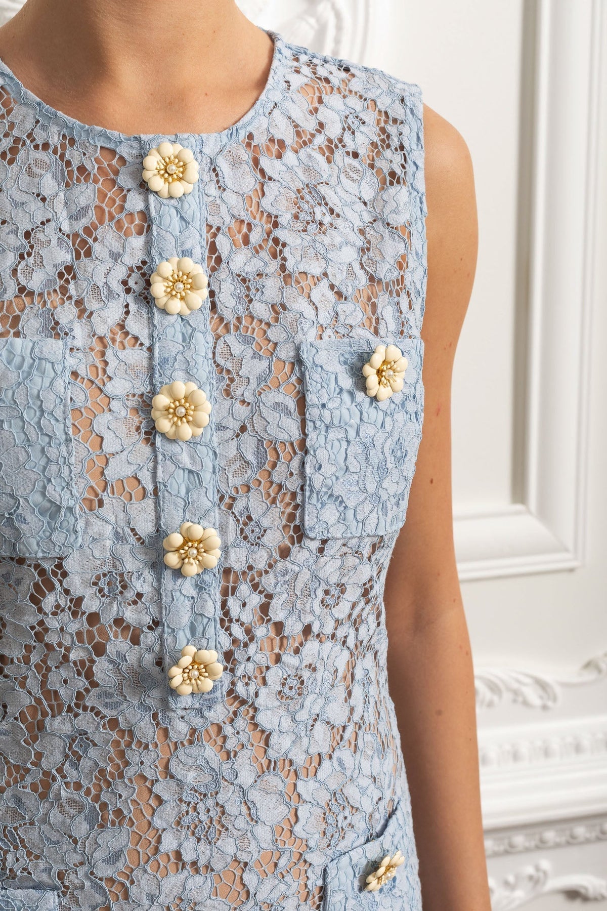 Sleeveless Lace Mini Dress With Decorative Buttons And Pockets - Blue - View 5
