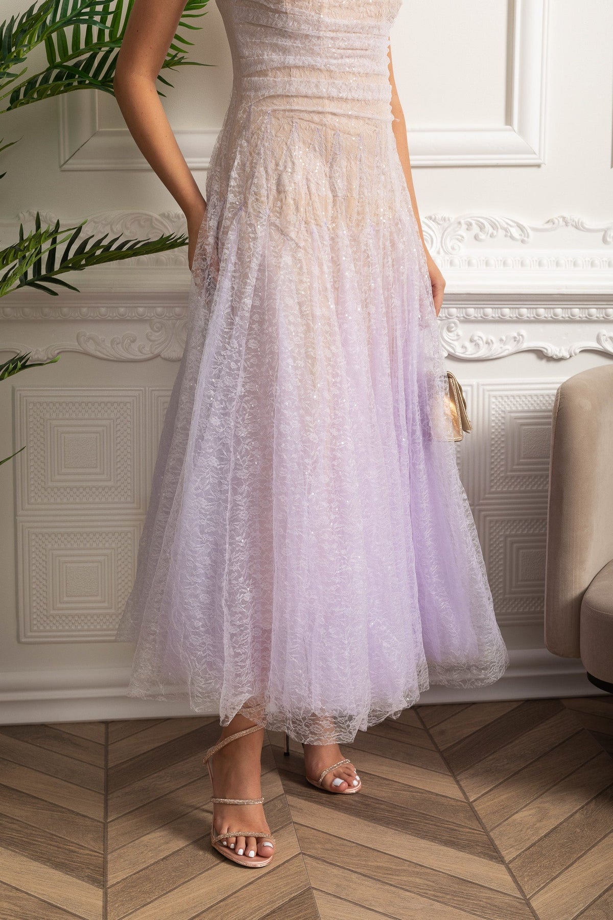 Strapless A-Line Midi Dress - Lilac Gradient - View 8