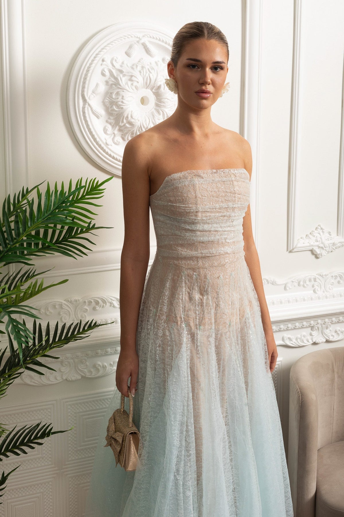 Strapless A-Line Midi Dress - Turquoise Gradient - View 5