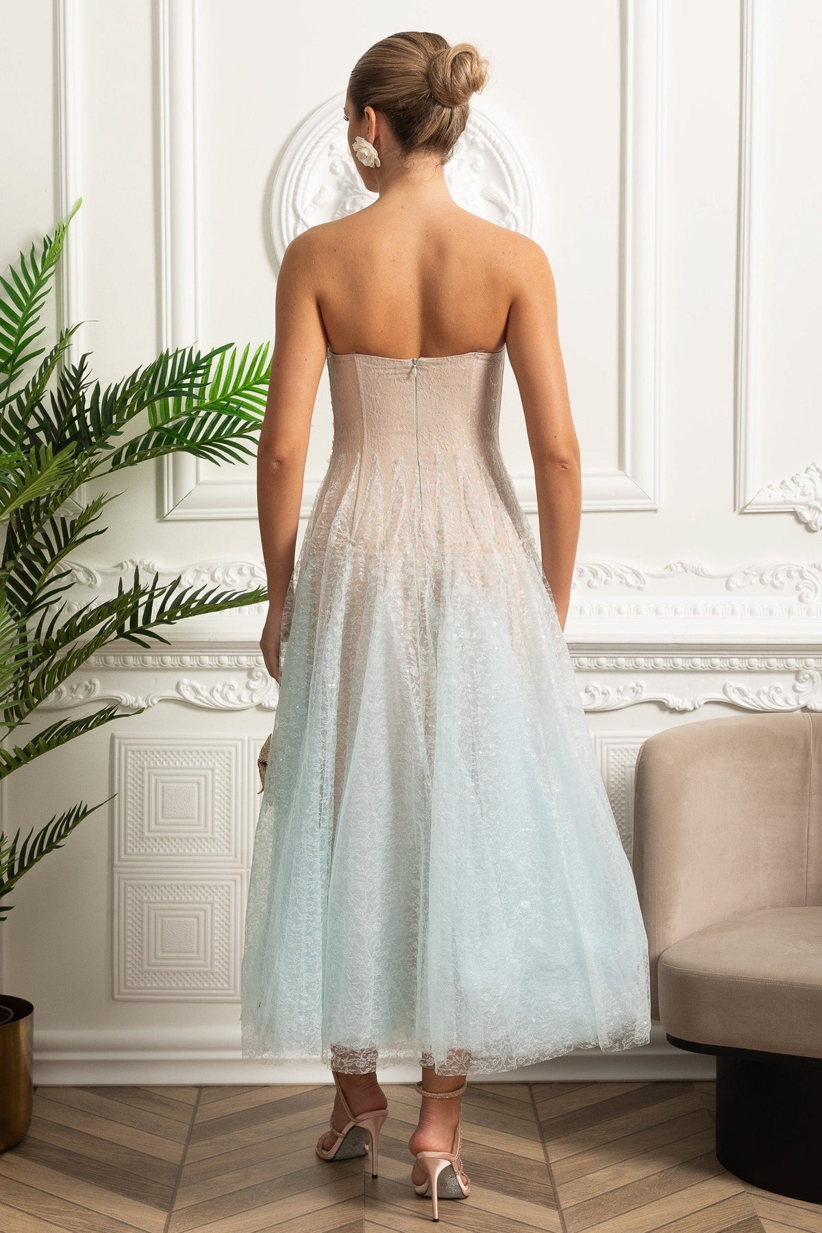 Strapless A-Line Midi Dress - Turquoise Gradient - View 9