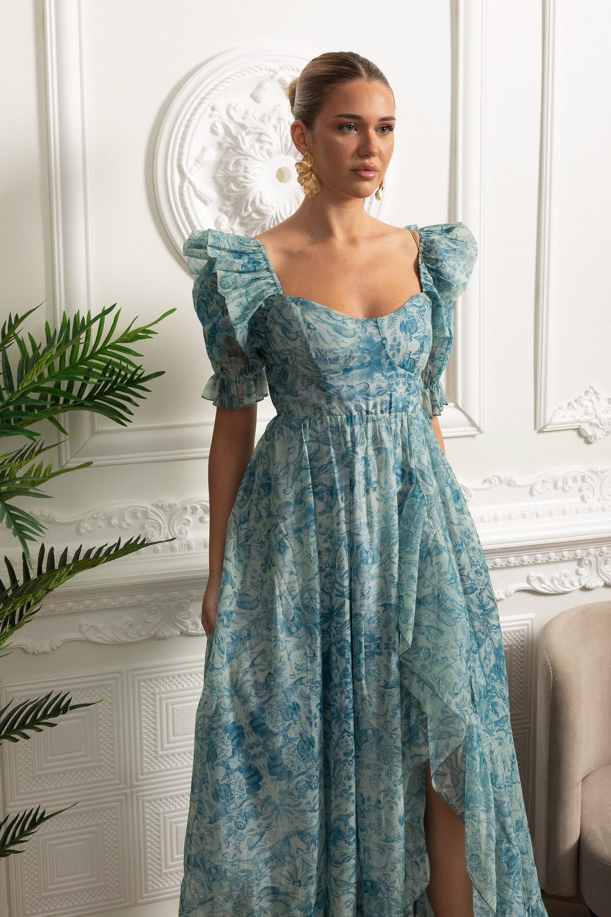Toile Print Puff Sleeve Sweetheart Neck High Split Maxi Dress - View 5
