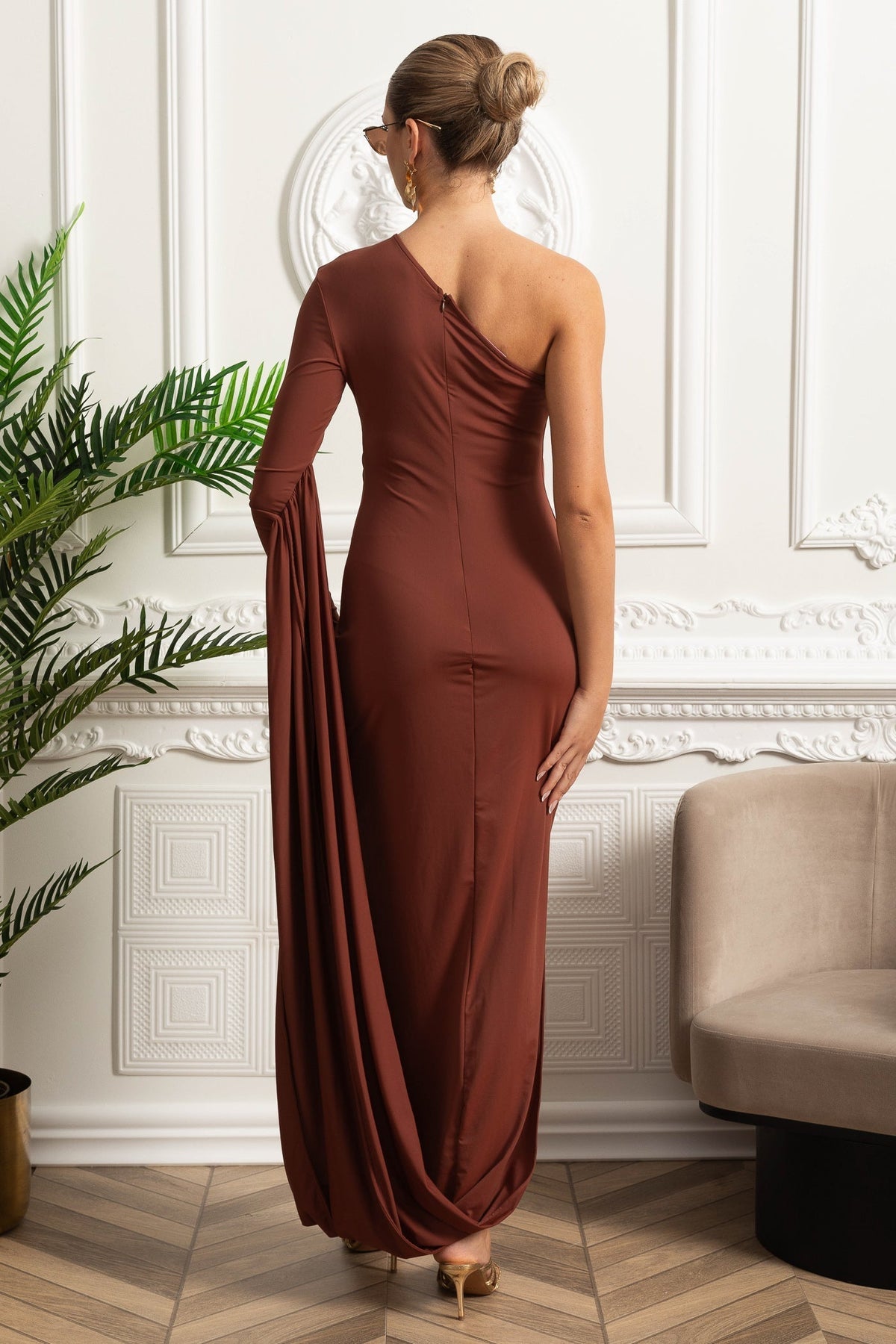 One Shoulder Long Sleeve Draped Panel High Split Bodycon Maxi Dress - View 3