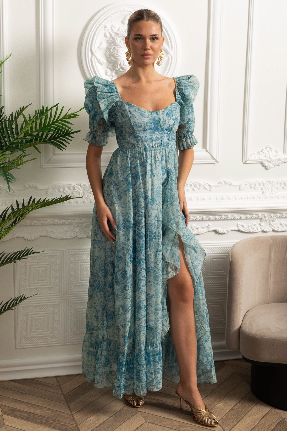 Toile Print Puff Sleeve Sweetheart Neck High Split Maxi Dress - View 4