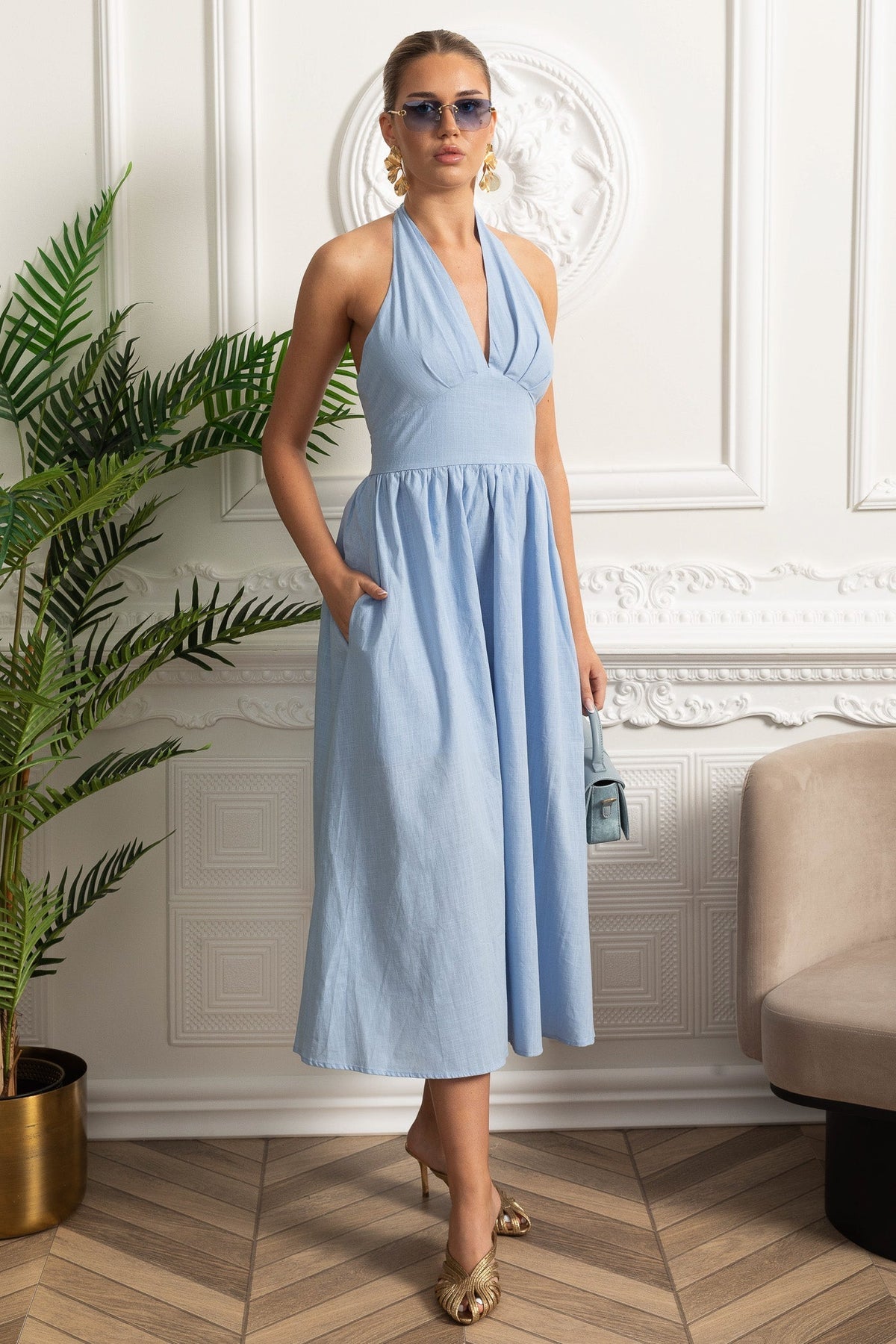 Halterneck Midi Dress With A-line Gathered Skirt - Blue - View 3