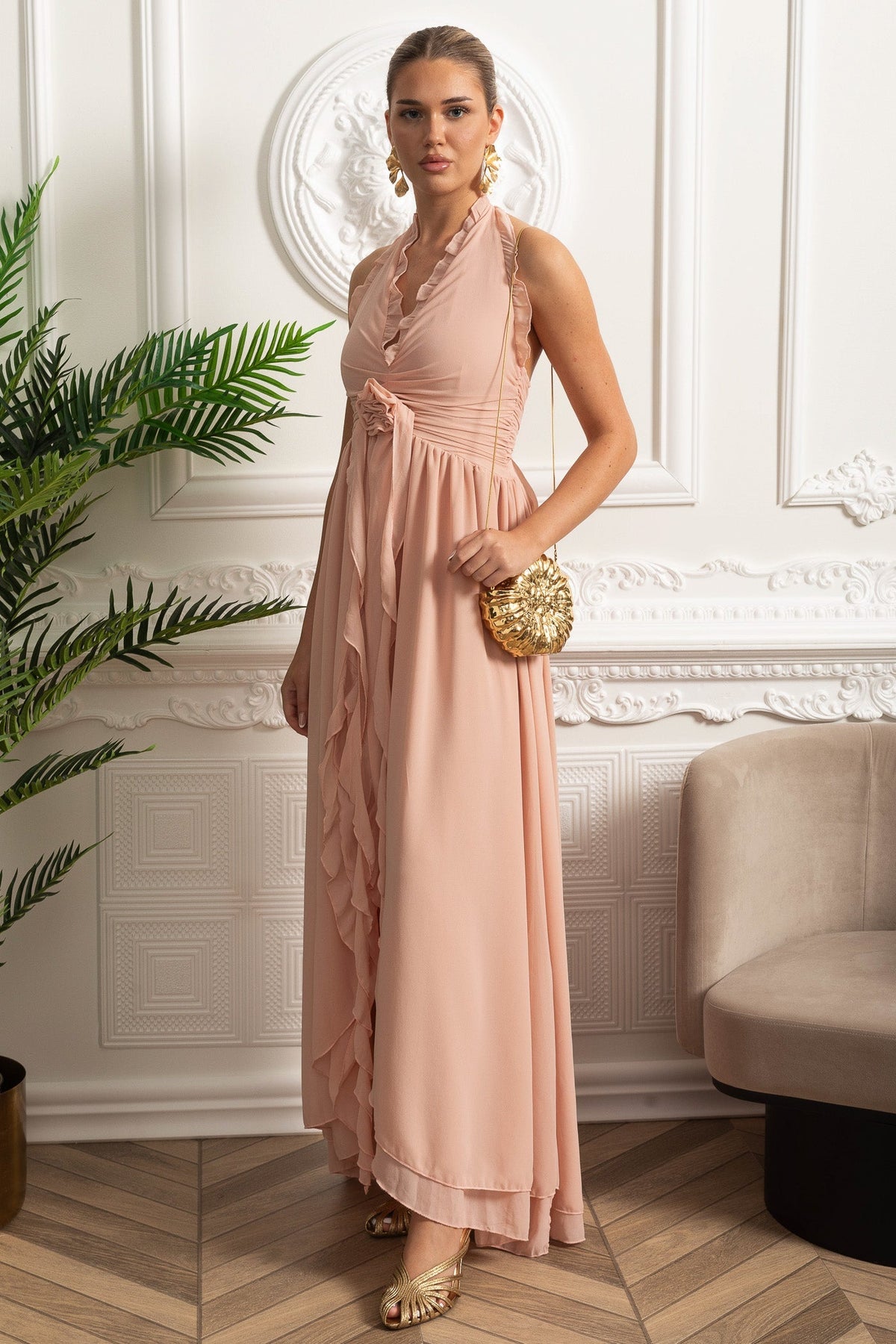 Ruffled Halter Maxi Dress with Rosette Tie Detail - Pink - View 3