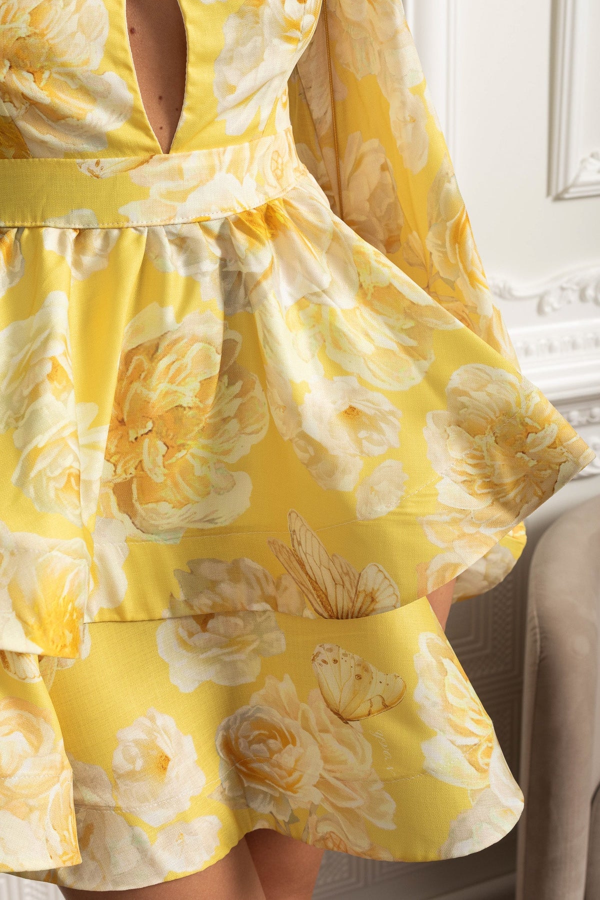 Floral Romantic Mini Dress - Yellow - View 4