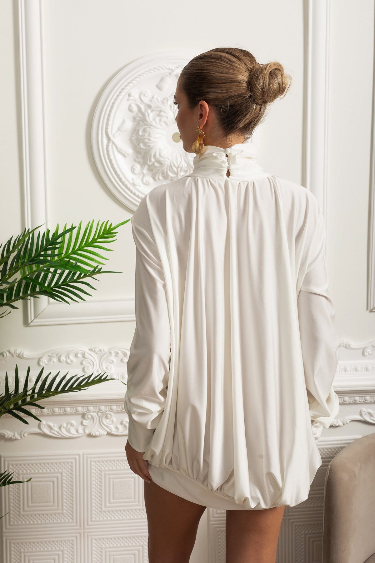 Turtleneck Keyhole Cut Out Long Sleeve Draped Bubble Mini Dress - View 14
