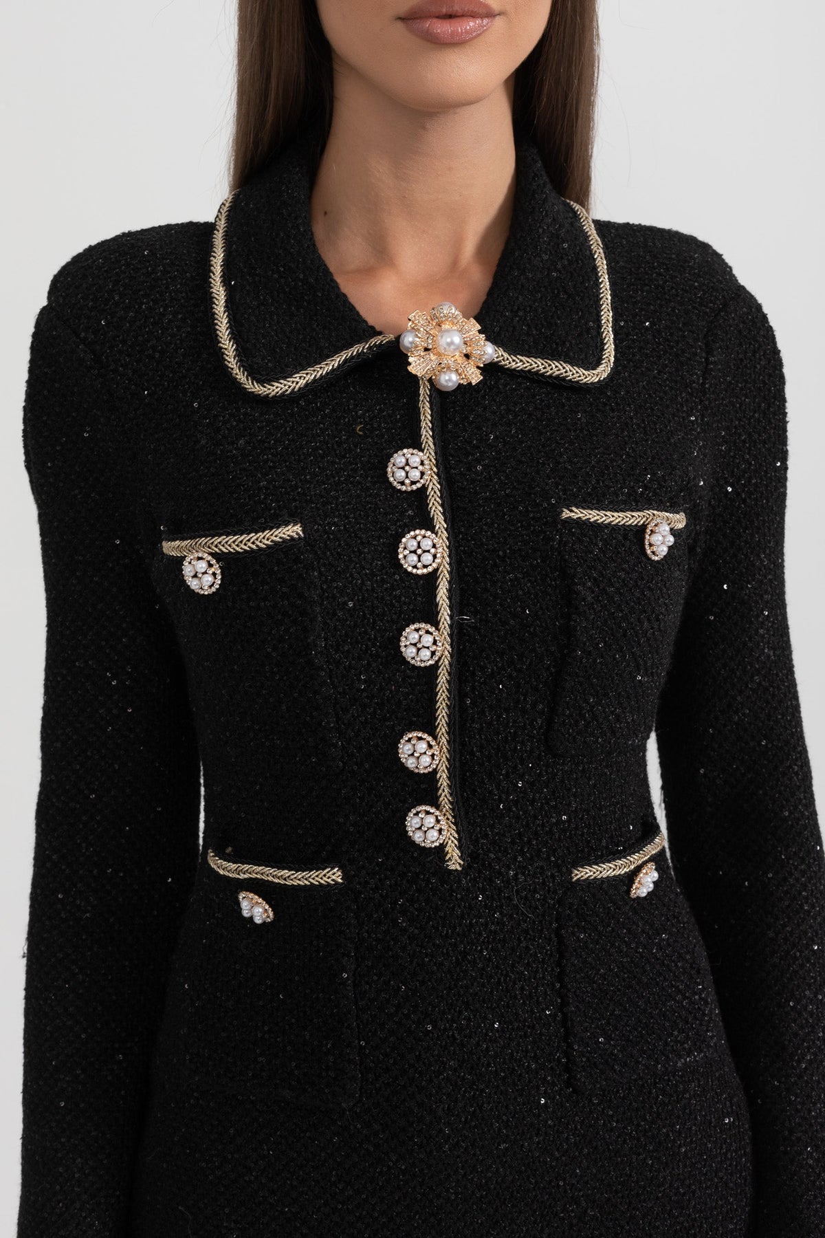 Tweed Pearl Collar Metallic Button Patch Pocket Mini Dress - View 3