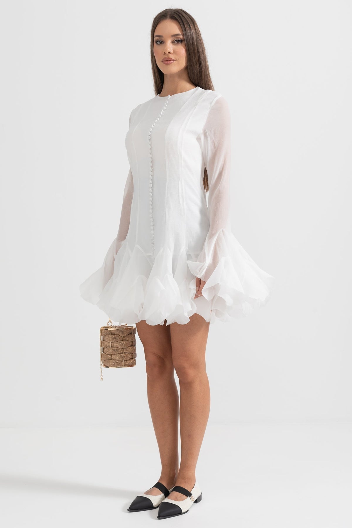 Long Sleeve Button Front Ruffle Cuff Tiered Flounce Mini Dress - View 9