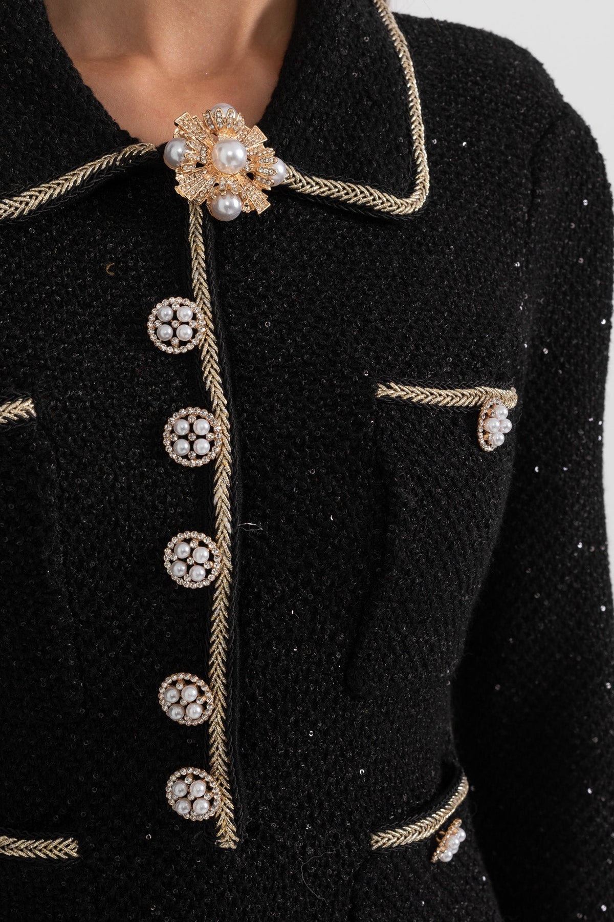 Tweed Pearl Collar Metallic Button Patch Pocket Mini Dress - View 8